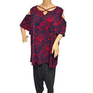 Catherines Plus Red/Navy Tropical Floral Open-Shoulder Blouse 2X, 22/24W